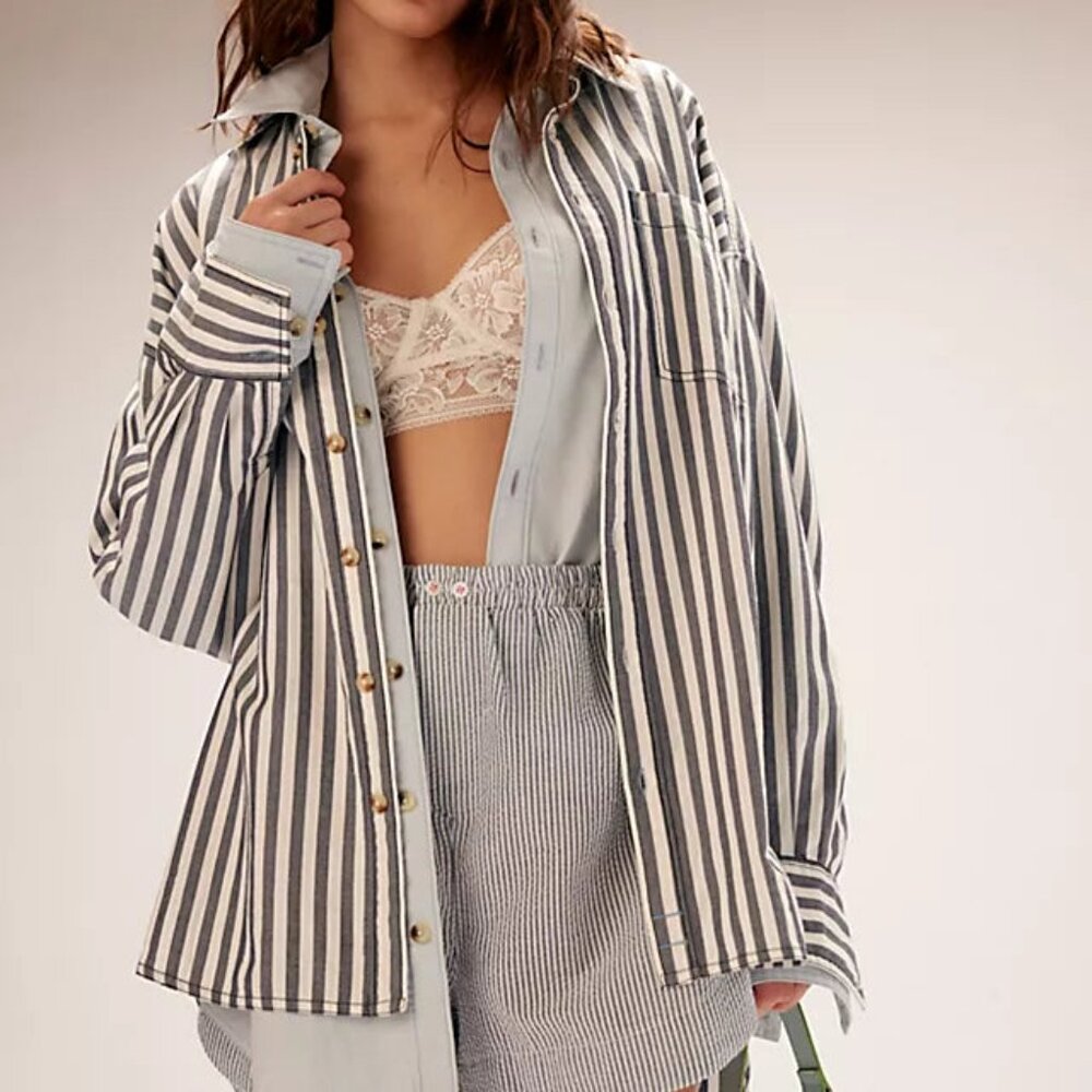 Free People Blue/Grey and White Striped Button Down Shirt